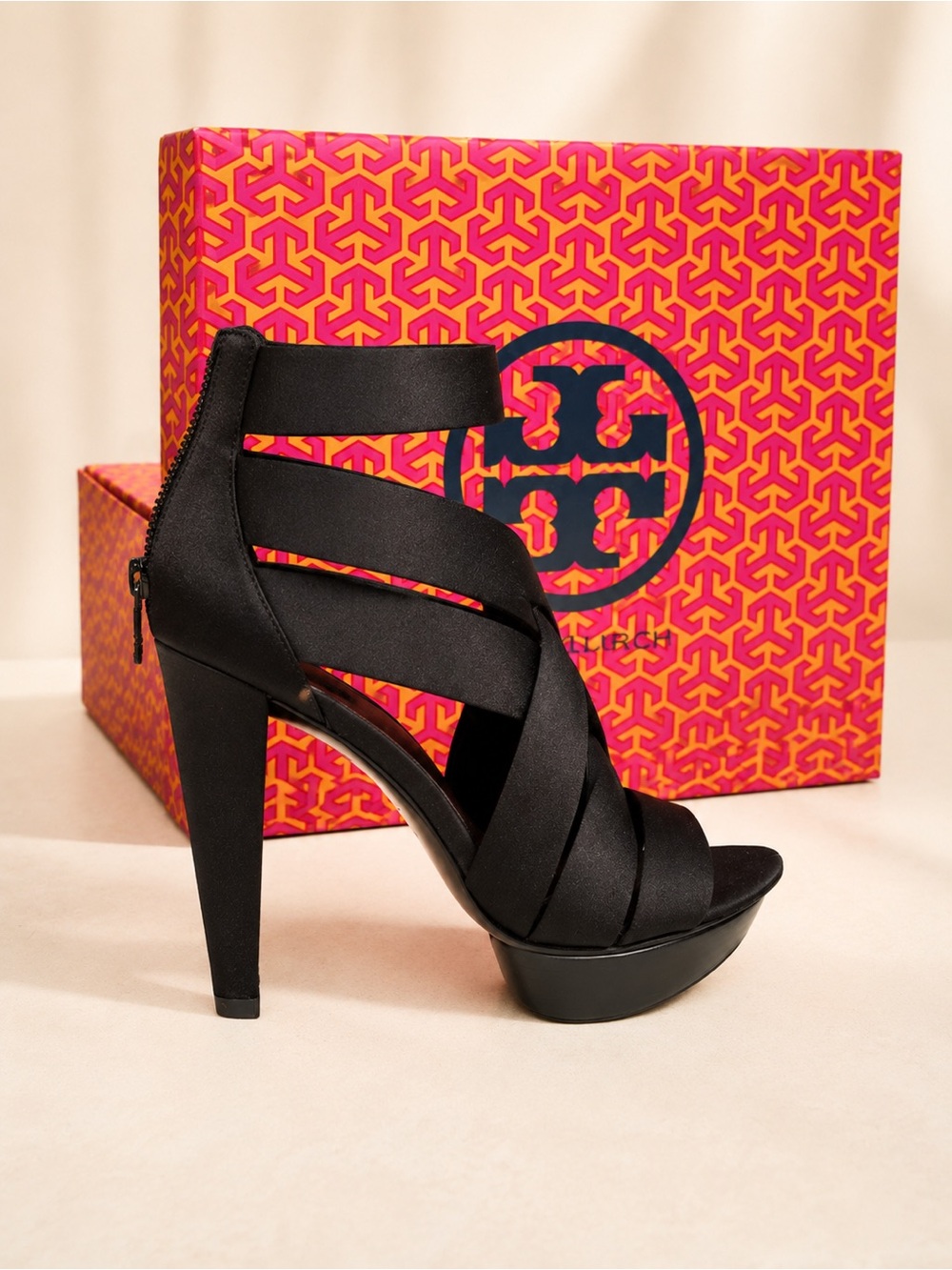 NIB NEW Tory Burch Mairin Satin Black Strappy Platform Heels Size 8.5